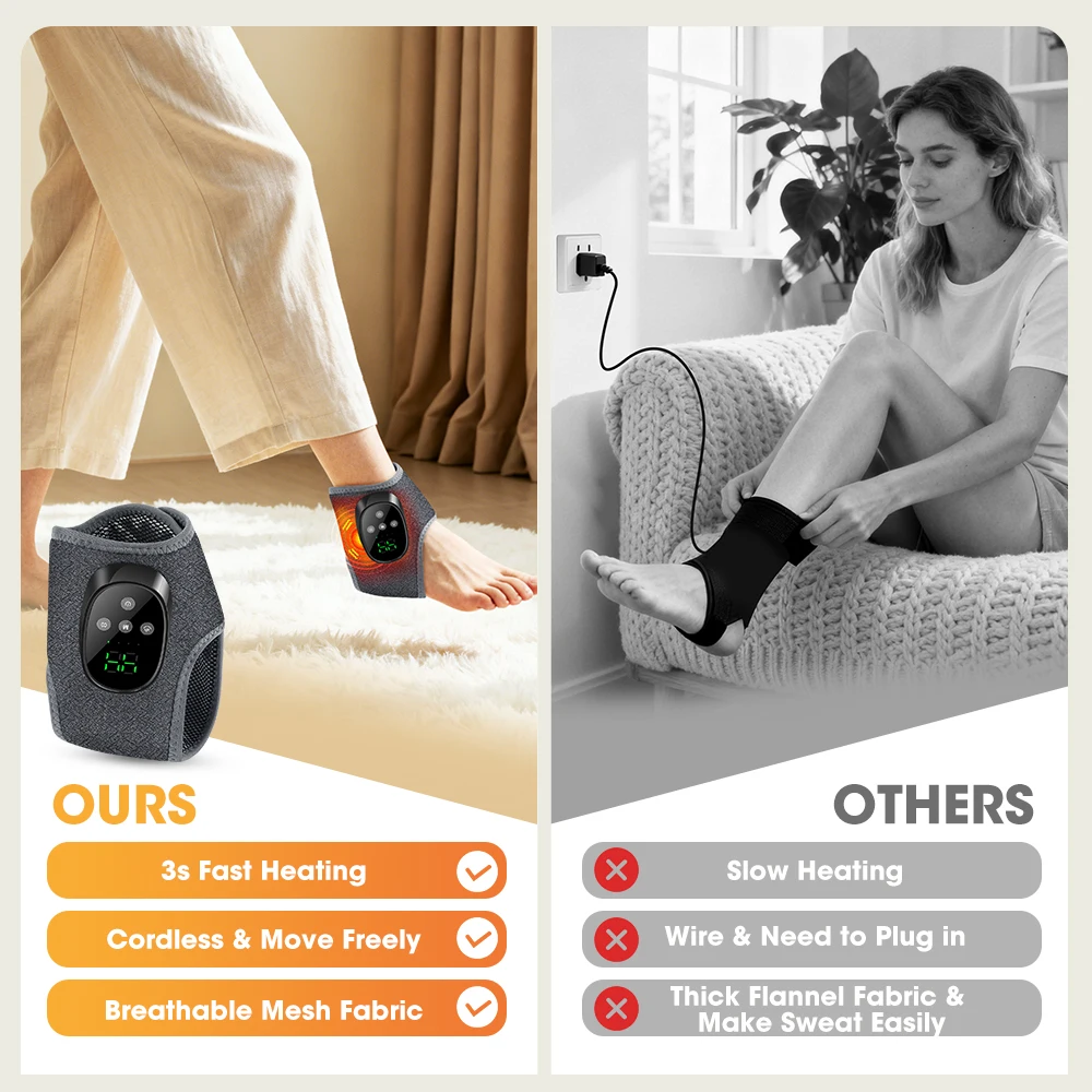 Ankle Massager with Heat, 4 Heat Levels 40-55°C & 4 Vibration Modes 4 Intensities, Cordless Heated Ankle Wrap with Display