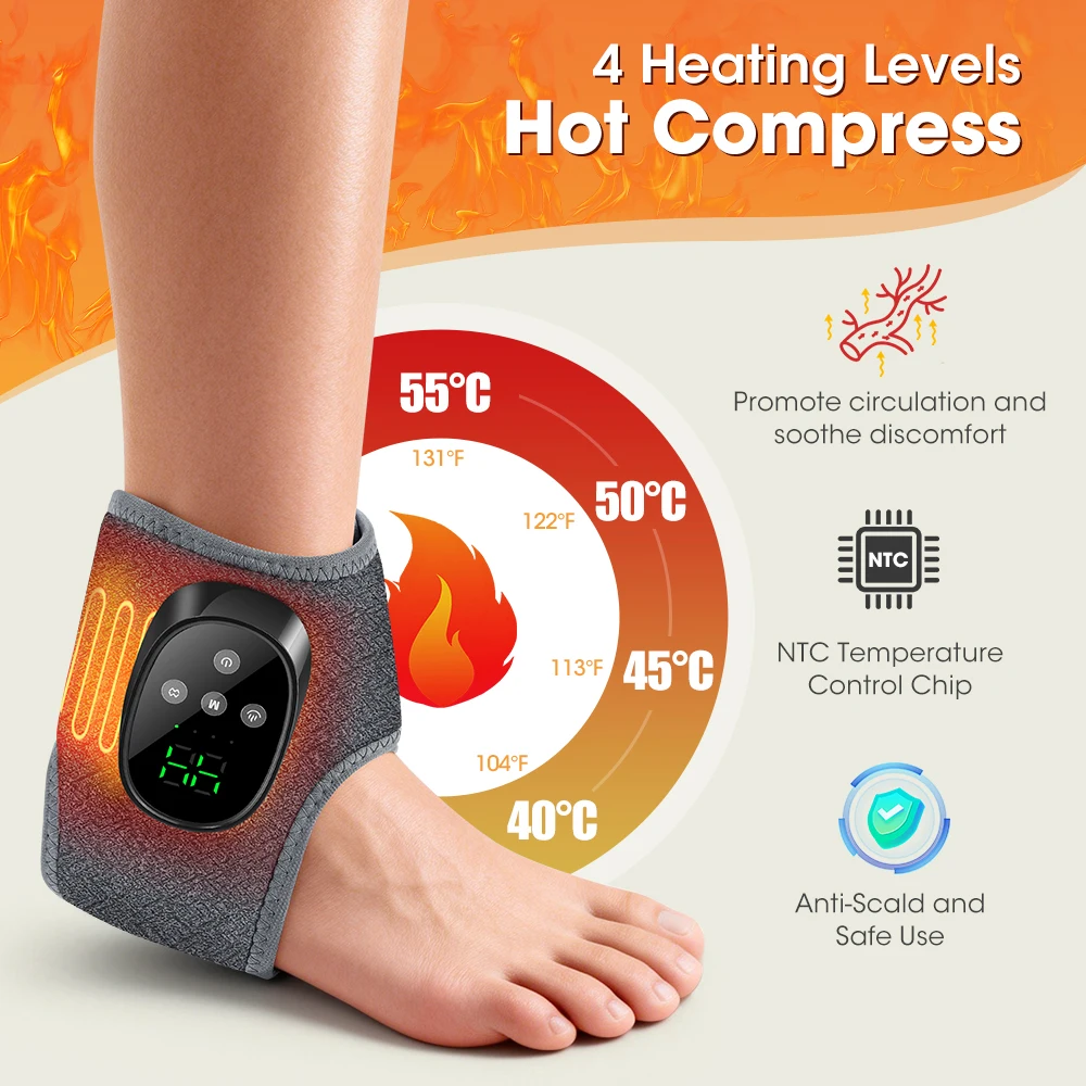Ankle Massager with Heat, 4 Heat Levels 40-55°C & 4 Vibration Modes 4 Intensities, Cordless Heated Ankle Wrap with Display