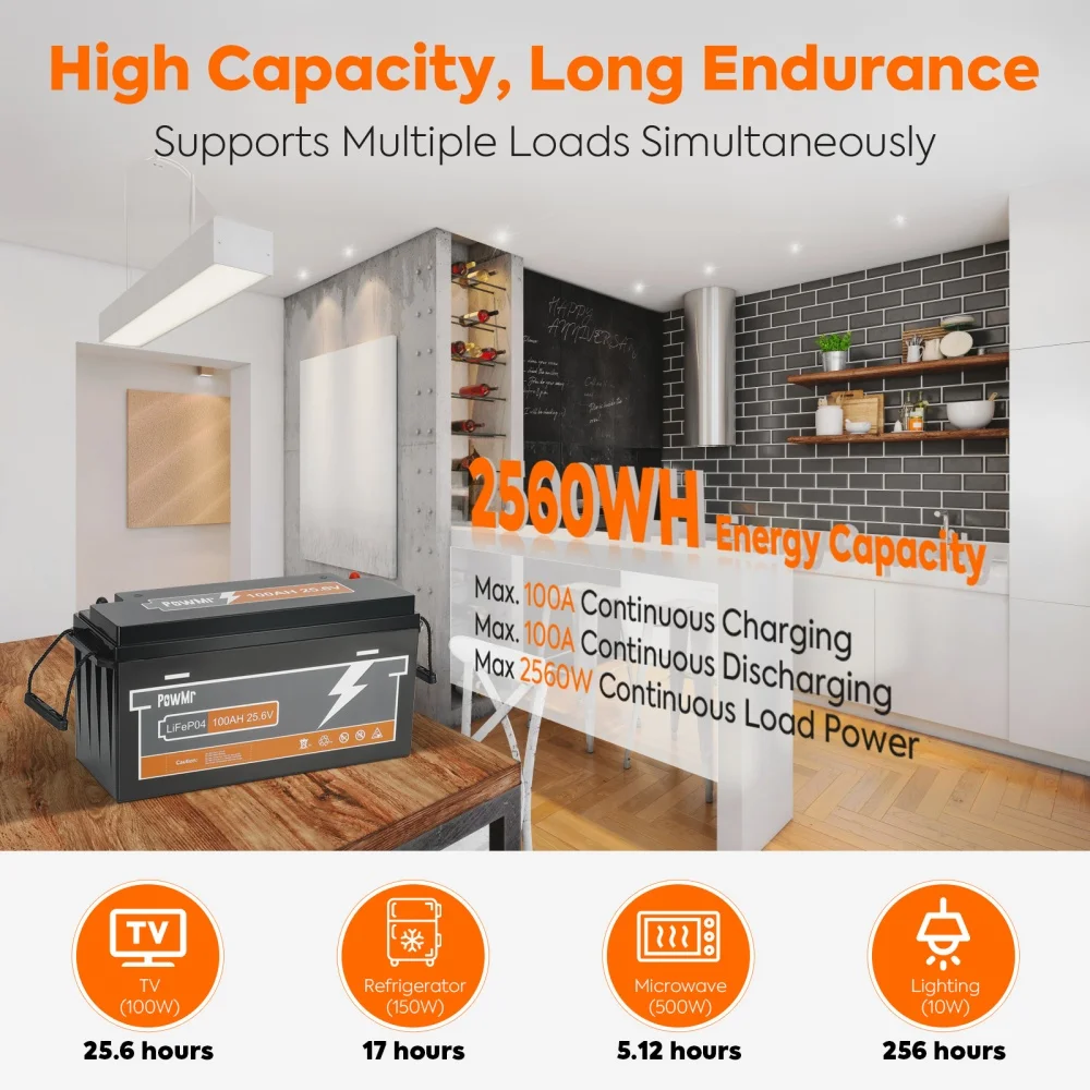 PowMr 25.6V 100Ah LiFePO4 Battery with BMS Grade A 2.56kWh Lithium 6000 cycle 100A flash charge for Camping EV Home System US Local