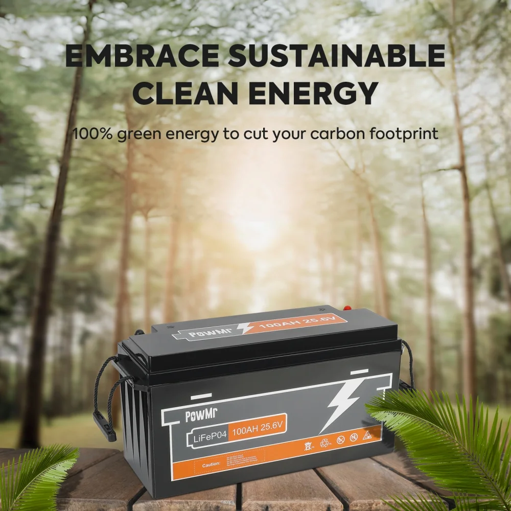 PowMr 25.6V 100Ah LiFePO4 Battery with BMS Grade A 2.56kWh Lithium 6000 cycle 100A flash charge for Camping EV Home System US Local