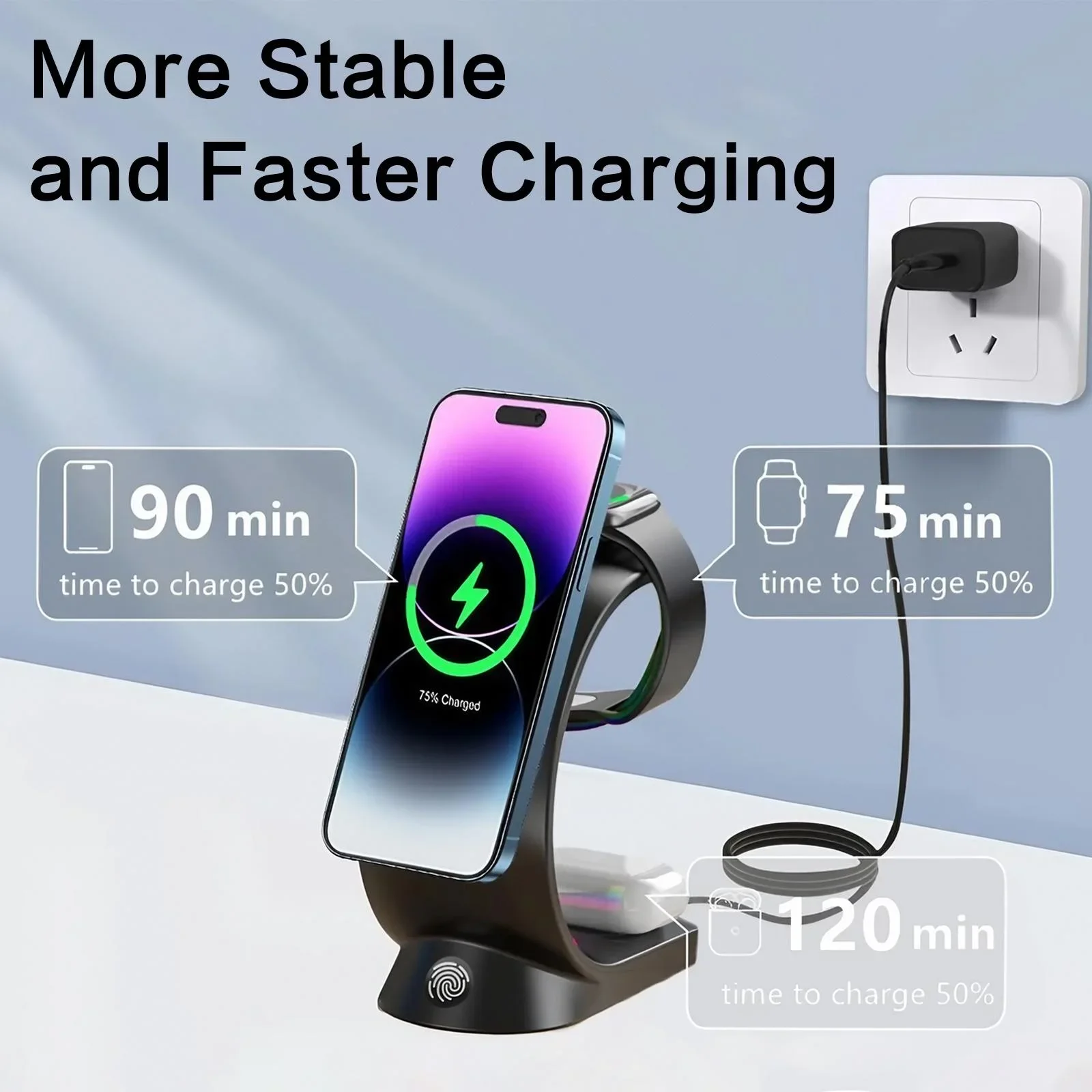 15W Fast Wireless Charger 3-in-1 Magnetic Stand 6-Color RGB Light Multi-Device Charging Station for Apple Devices iPhone AirPods Apple Watch Home Office Desk Bedside Table Organizer Gift Box Packing Travel Foldable