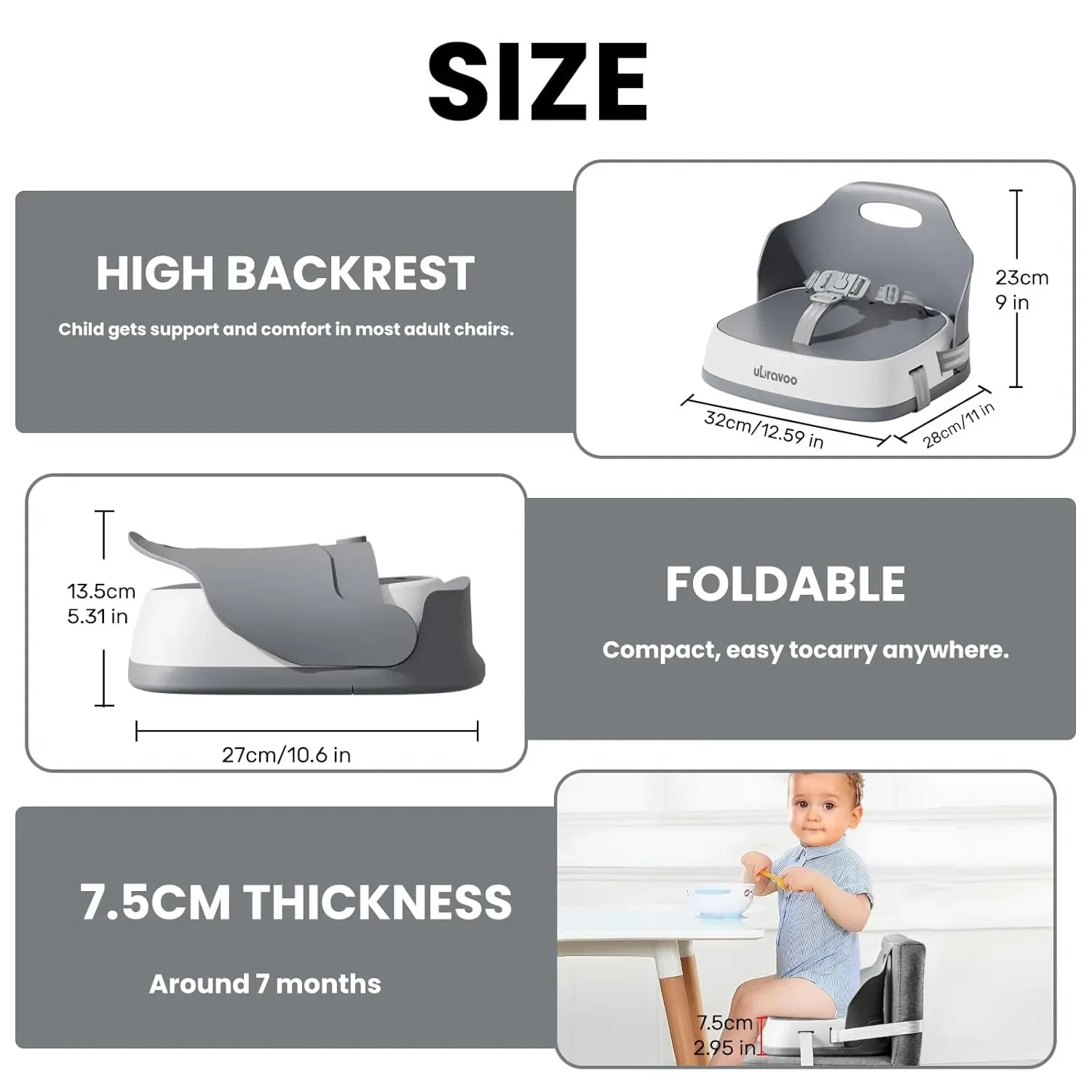 UBRAVOO Portable Kids Booster Dining Chair with 3-Point Safety Harness, 2 Fixing Straps, Washable PP Toddler Feeding Seat for Home Travel