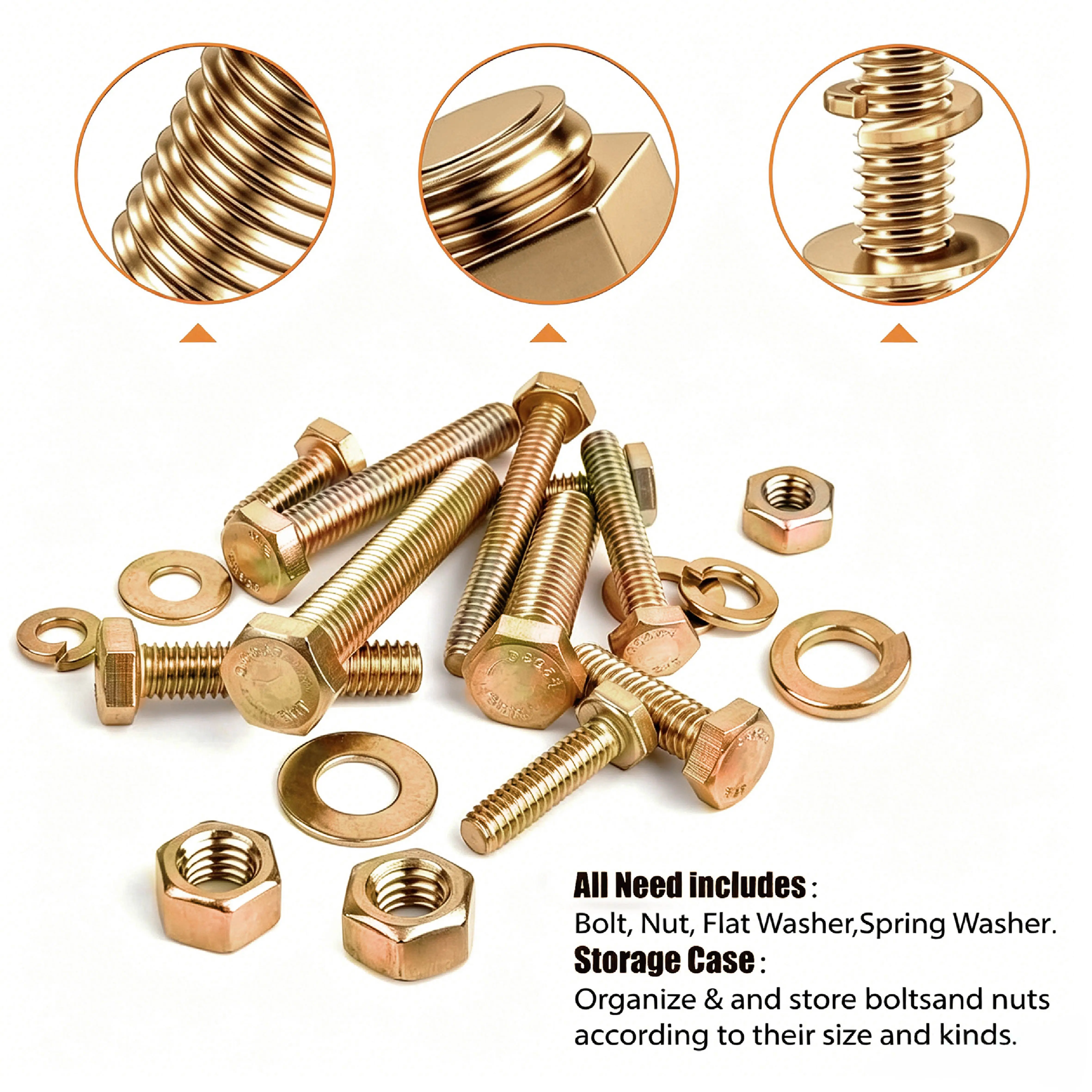 1080Pcs M4 M5 M6 M8 Yellow Zinc Plated Hex Head Bolt Nut & Washer Assortment Kit Carbon Steel Fasteners With Storage Case