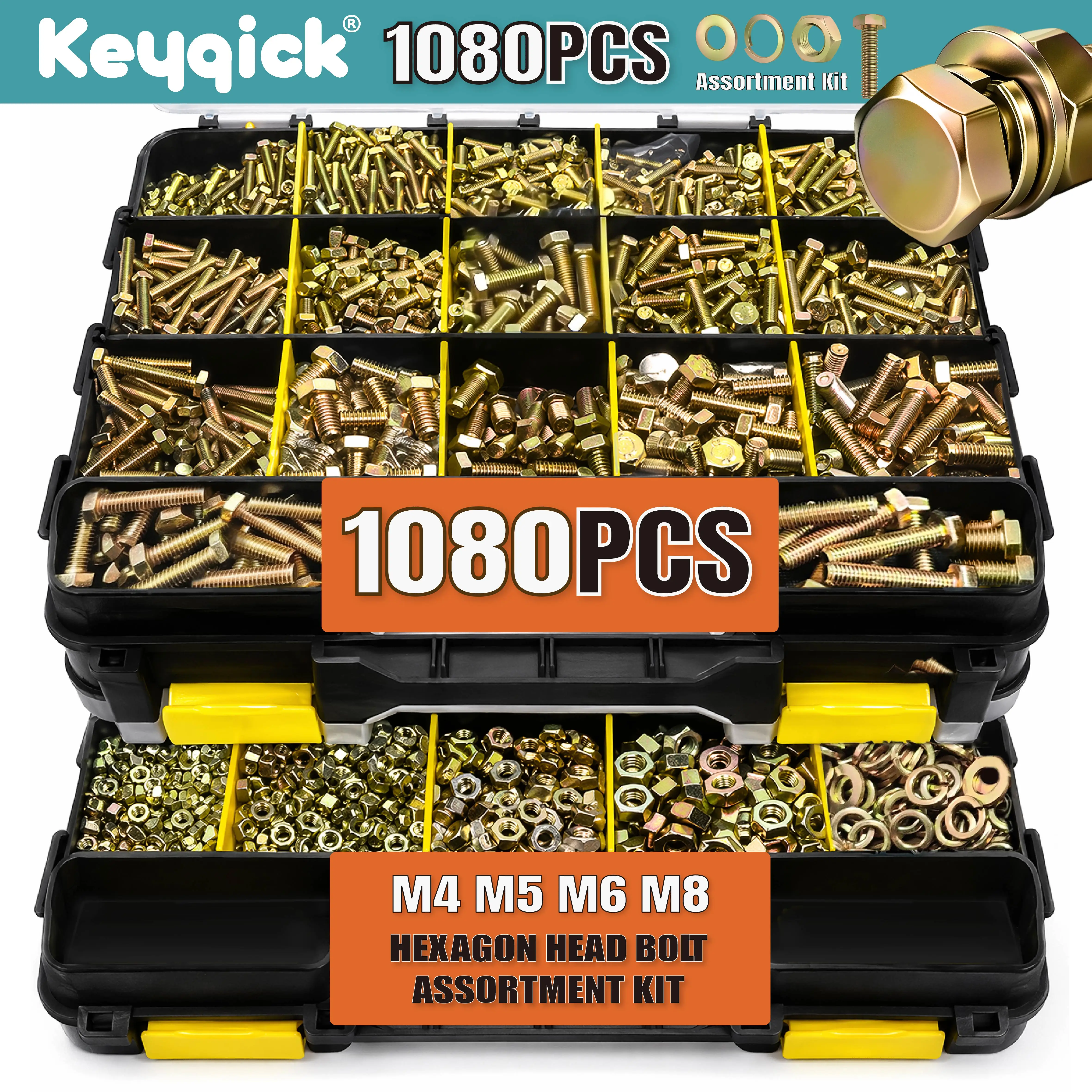 1080Pcs M4 M5 M6 M8 Yellow Zinc Plated Hex Head Bolt Nut & Washer Assortment Kit Carbon Steel Fasteners With Storage Case
