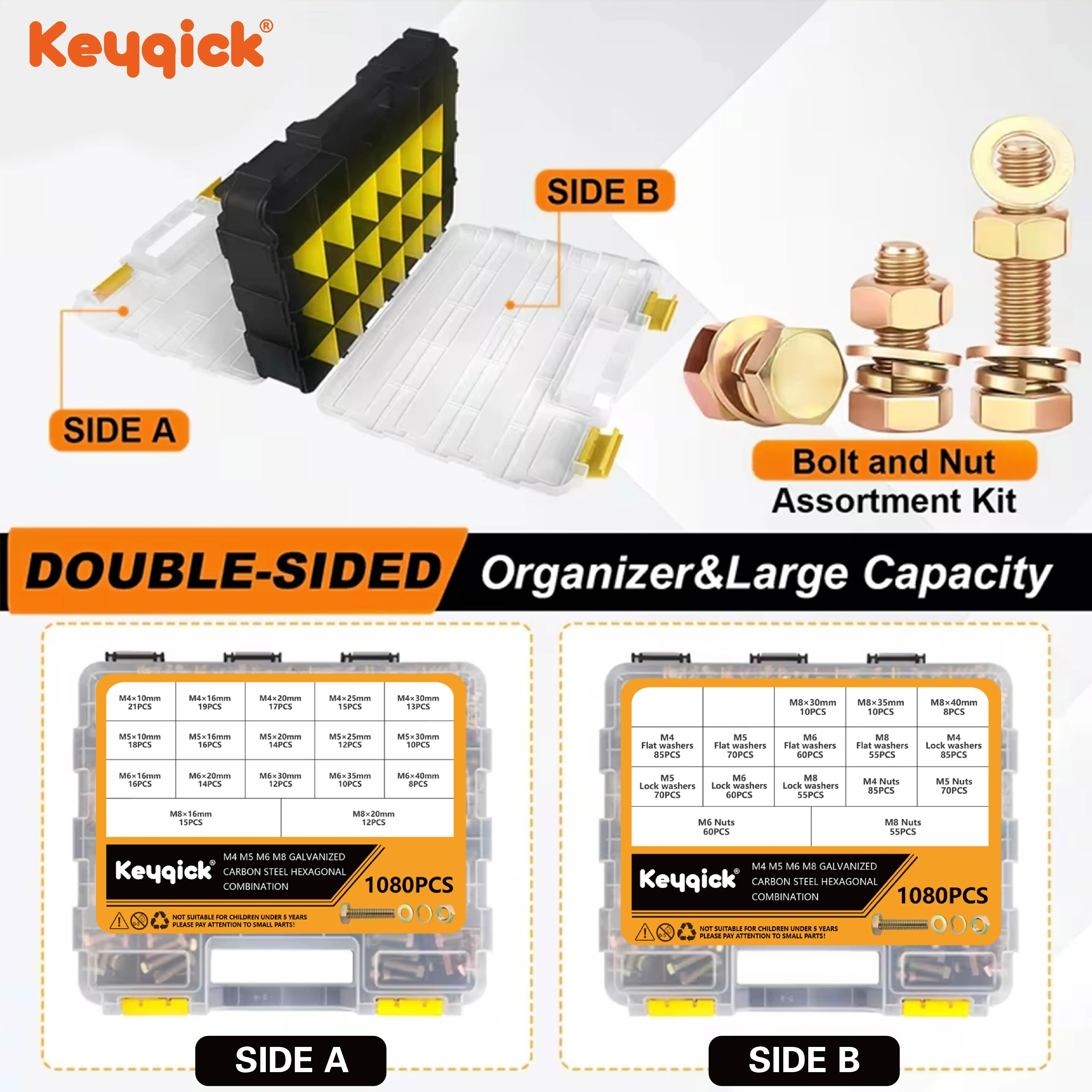 1080Pcs M4 M5 M6 M8 Yellow Zinc Plated Hex Head Bolt Nut & Washer Assortment Kit Carbon Steel Fasteners With Storage Case