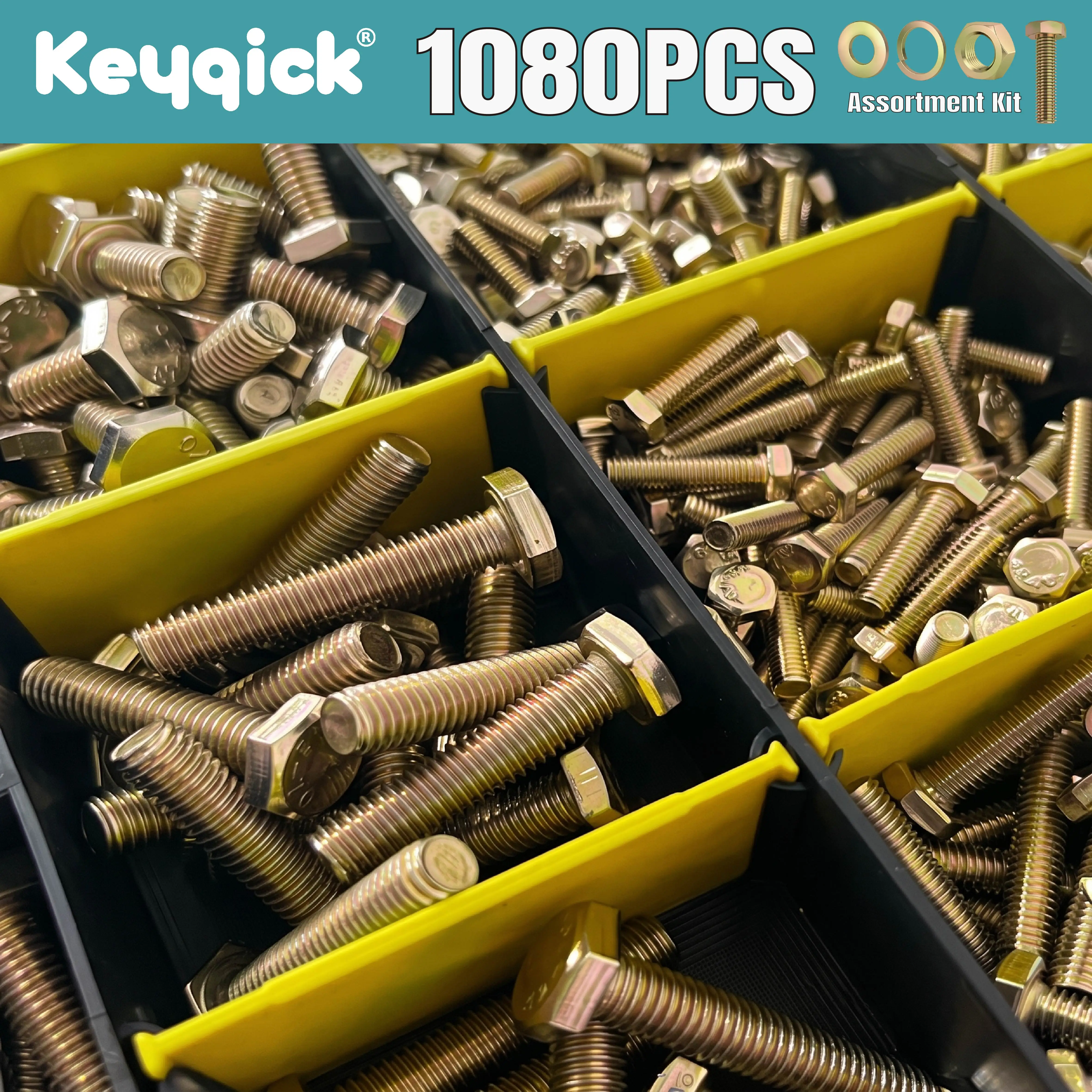 1080Pcs M4 M5 M6 M8 Yellow Zinc Plated Hex Head Bolt Nut & Washer Assortment Kit Carbon Steel Fasteners With Storage Case