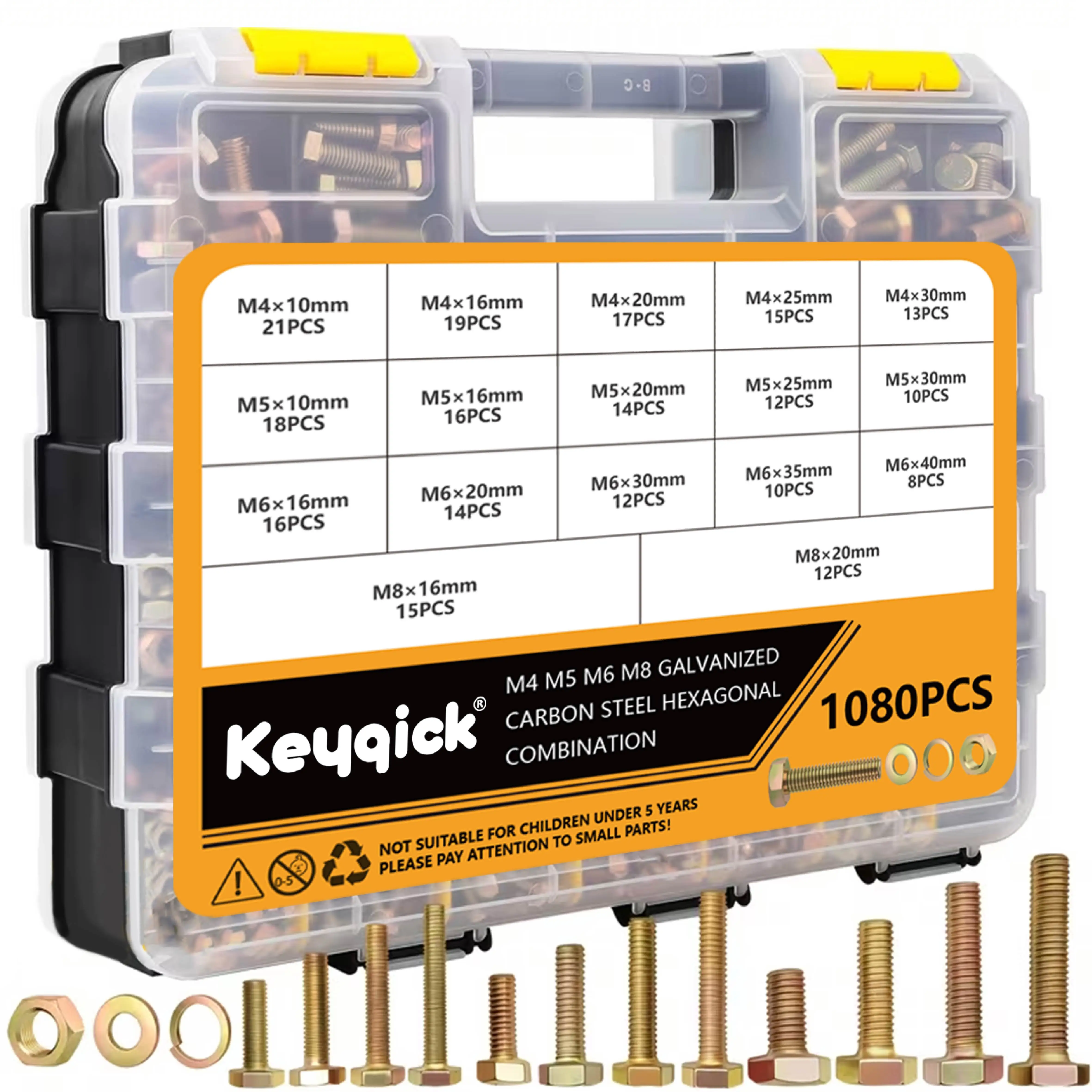 1080Pcs M4 M5 M6 M8 Yellow Zinc Plated Hex Head Bolt Nut & Washer Assortment Kit Carbon Steel Fasteners With Storage Case