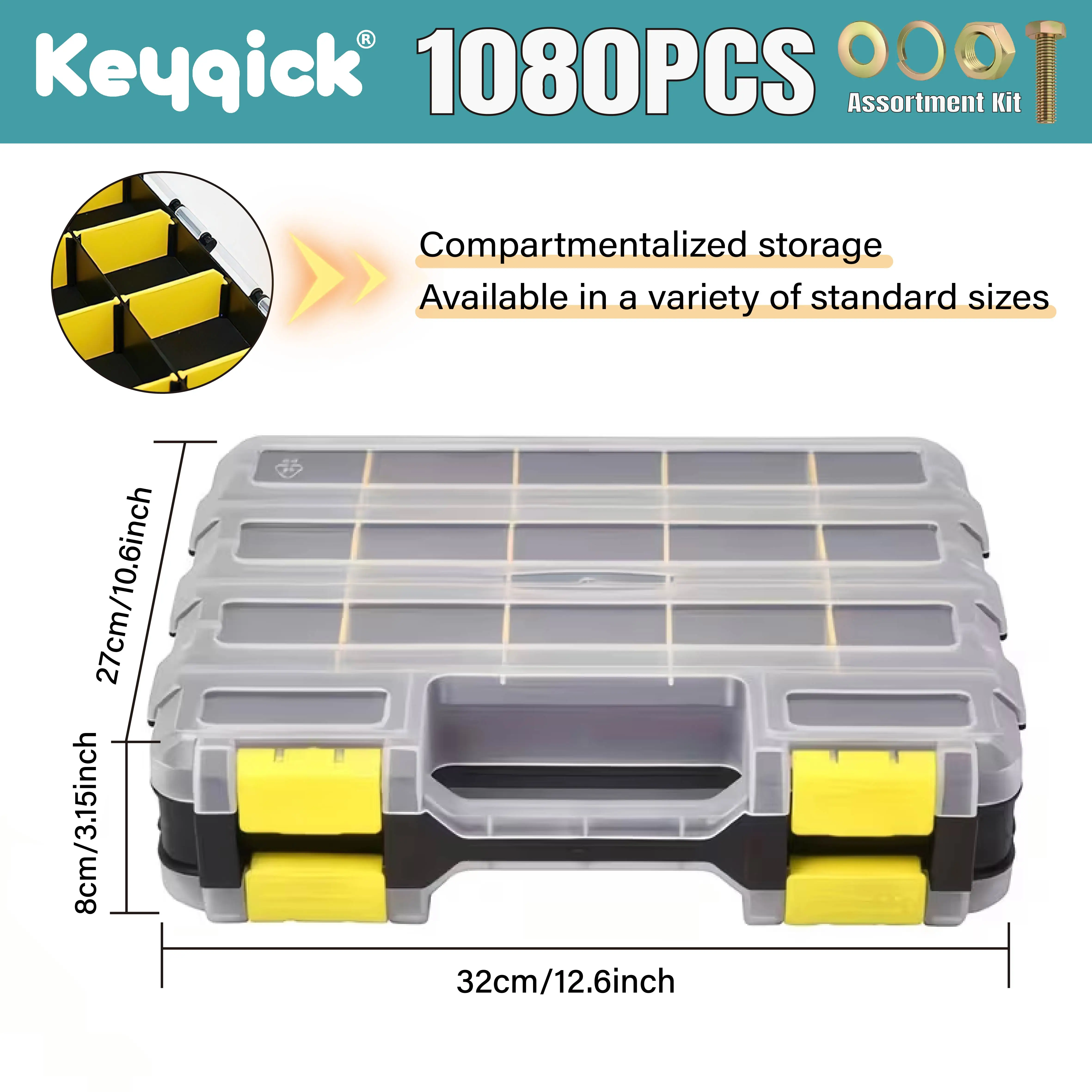 1080Pcs M4 M5 M6 M8 Yellow Zinc Plated Hex Head Bolt Nut & Washer Assortment Kit Carbon Steel Fasteners With Storage Case