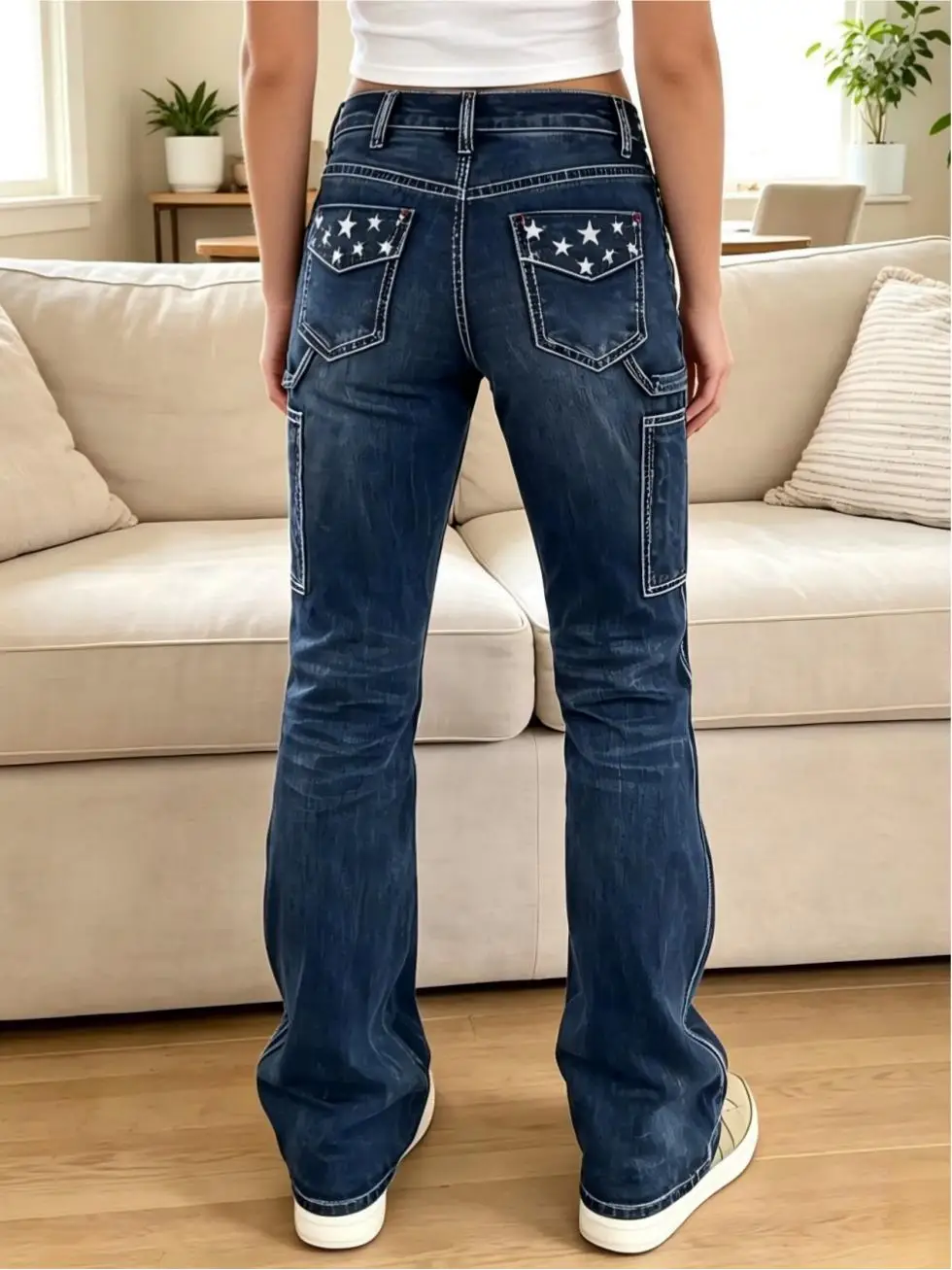 【HME】Jeans | Women Contrast Stitching Denim Pants, Mid‑Rise Flare Workwear Jeans, Star Embroidered Back Pockets, Side Cargo Patch Pockets, Wrinkle Cat‑Whisker Wash, Dark Blue & Black‑Grey Two‑Tone, American Y2K Retro Slim Casual Pants