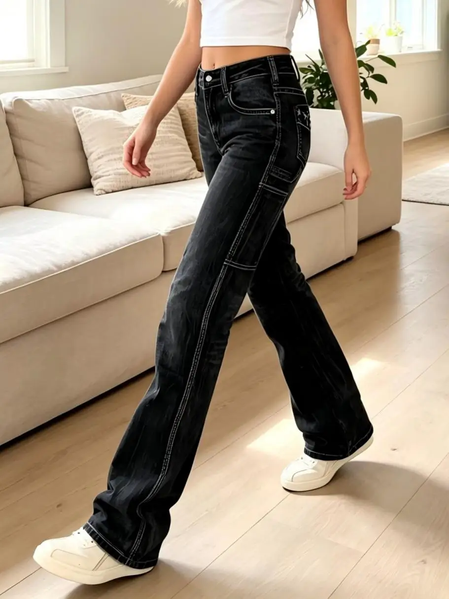 【HME】Jeans | Women Contrast Stitching Denim Pants, Mid‑Rise Flare Workwear Jeans, Star Embroidered Back Pockets, Side Cargo Patch Pockets, Wrinkle Cat‑Whisker Wash, Dark Blue & Black‑Grey Two‑Tone, American Y2K Retro Slim Casual Pants