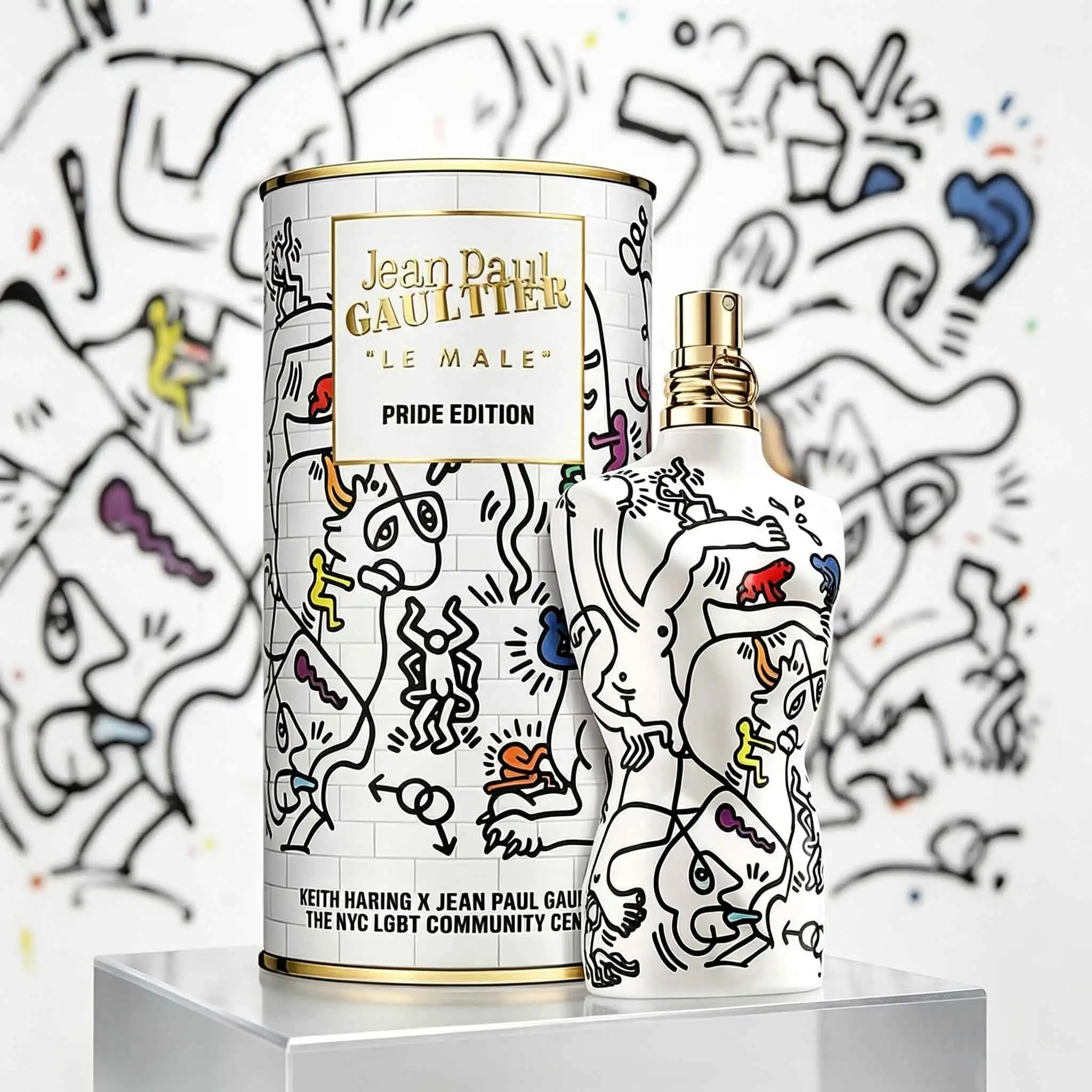 Jean Paul Gaultier Le Male Pride Edition, Keith Haring Art‑Graffiti Collaborative Limited Perfume. Classic Fougere Scent with Mint, Lavender, Vanilla & Amber. Complete Original Graffiti Gift Tin, Collectible Men's Fragrance.