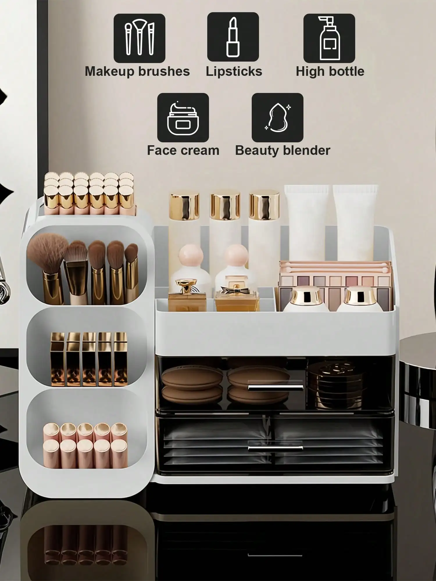 Makeup Organizer with Brush Holder and Drawers, Countertop Cosmetic Storage Organizer for Vanity, Skincare Lipstick Eyeshadow Nail Polish Perfume Storage, Desktop Storage Box for Bedroom & Bathroom, Ideal Mother’s Day & Valentine’s Day Gift