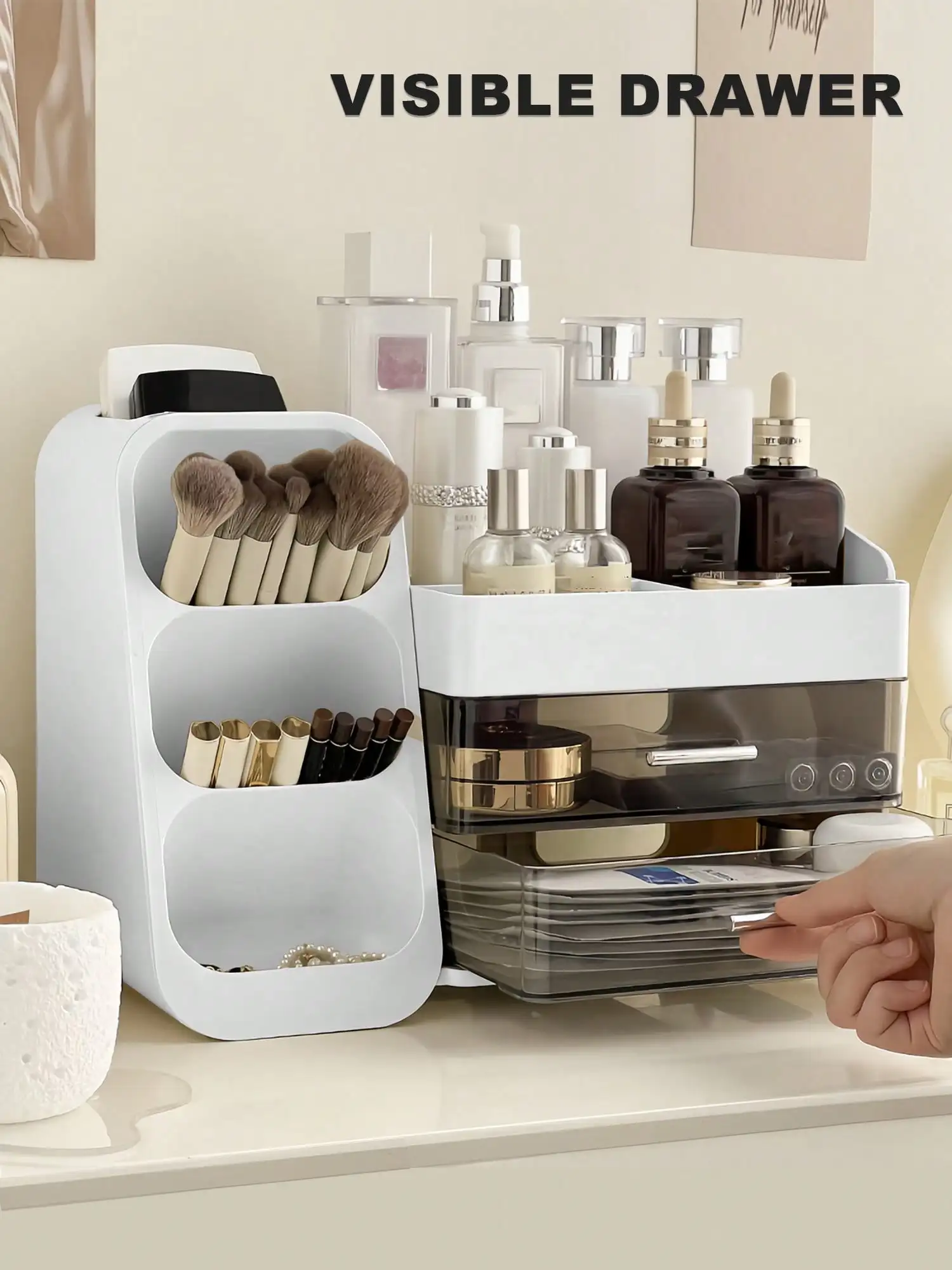 Makeup Organizer with Brush Holder and Drawers, Countertop Cosmetic Storage Organizer for Vanity, Skincare Lipstick Eyeshadow Nail Polish Perfume Storage, Desktop Storage Box for Bedroom & Bathroom, Ideal Mother’s Day & Valentine’s Day Gift