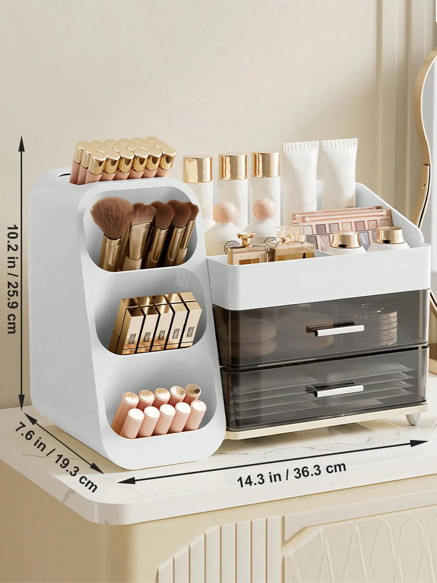 Makeup Organizer with Brush Holder and Drawers, Countertop Cosmetic Storage Organizer for Vanity, Skincare Lipstick Eyeshadow Nail Polish Perfume Storage, Desktop Storage Box for Bedroom & Bathroom, Ideal Mother’s Day & Valentine’s Day Gift