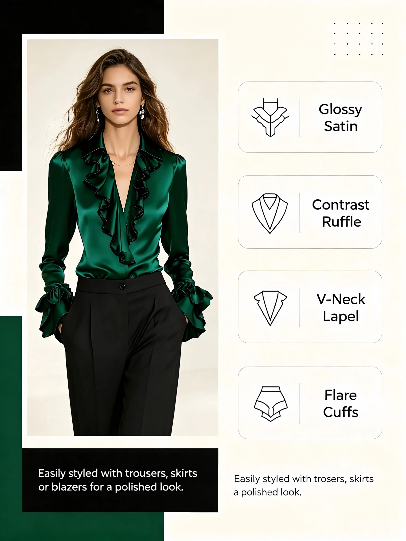 Elegant Satin Blouse for Women Lapel Ruffle Trim V‑Neck Long Flare Sleeve Office Work Shirt