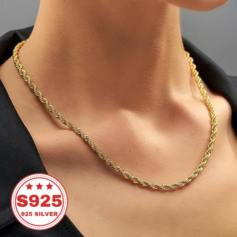 24K Gold-Plated 925 Silver 4mm Twisted Chain, Durable and Hypoallergenic, Never Fades. An Ideal Gift for Men, Women, Wives, Girlfriends, and Mothers for Anniversaries, Birthdays, and Special Occasions. Perfect for Christmas and Halloween