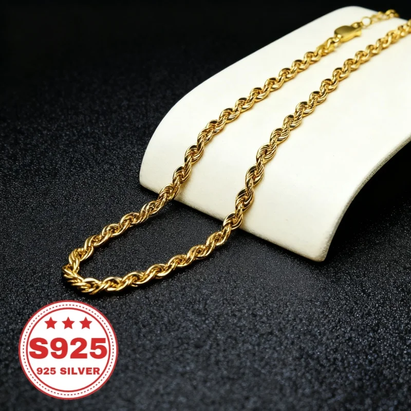 24K Gold-Plated 925 Silver 4mm Twisted Chain, Durable and Hypoallergenic, Never Fades. An Ideal Gift for Men, Women, Wives, Girlfriends, and Mothers for Anniversaries, Birthdays, and Special Occasions. Perfect for Christmas and Halloween