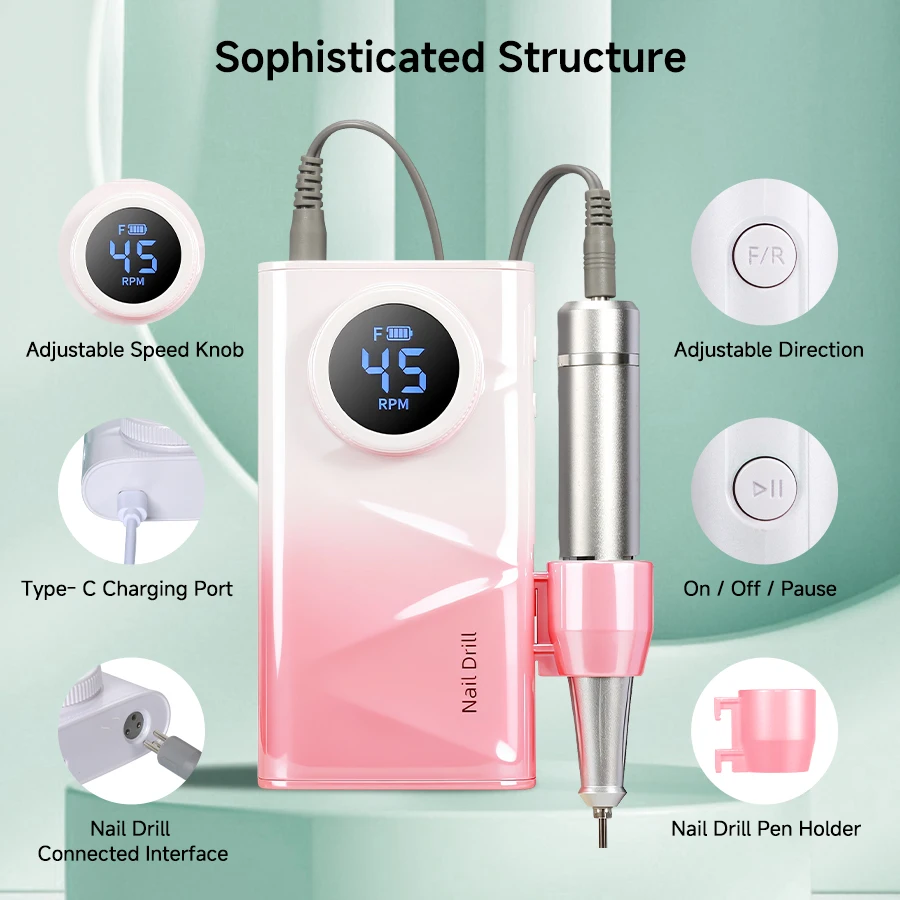 Rechargeable Nail Drill Machine, 45000RPM, 4500mAh Large‑Capacity Battery, Electric Nail File For Gel Nail Removal, Cuticle Removing, Callus Polishing, Manicure & Pedicure Tool For Beginners, Home & Salon Use