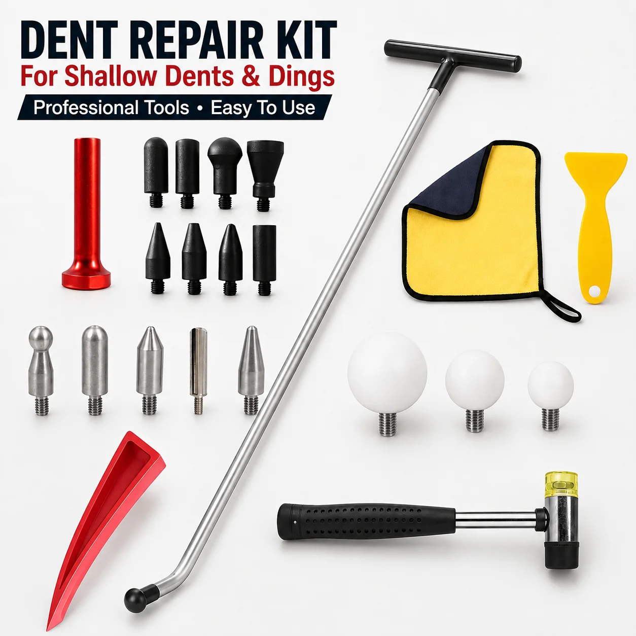 Auto Dent Repair Tool Kit for Shallow Car Body Dent Repair With T-Handle Rod, Rubber Mallet, Repair Tips And Wedge Tools For Garage And DIY Vehicle Maintenance