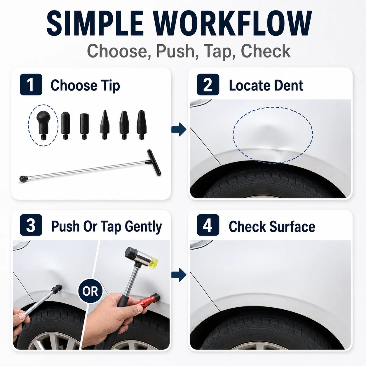 Auto Dent Repair Tool Kit for Shallow Car Body Dent Repair With T-Handle Rod, Rubber Mallet, Repair Tips And Wedge Tools For Garage And DIY Vehicle Maintenance
