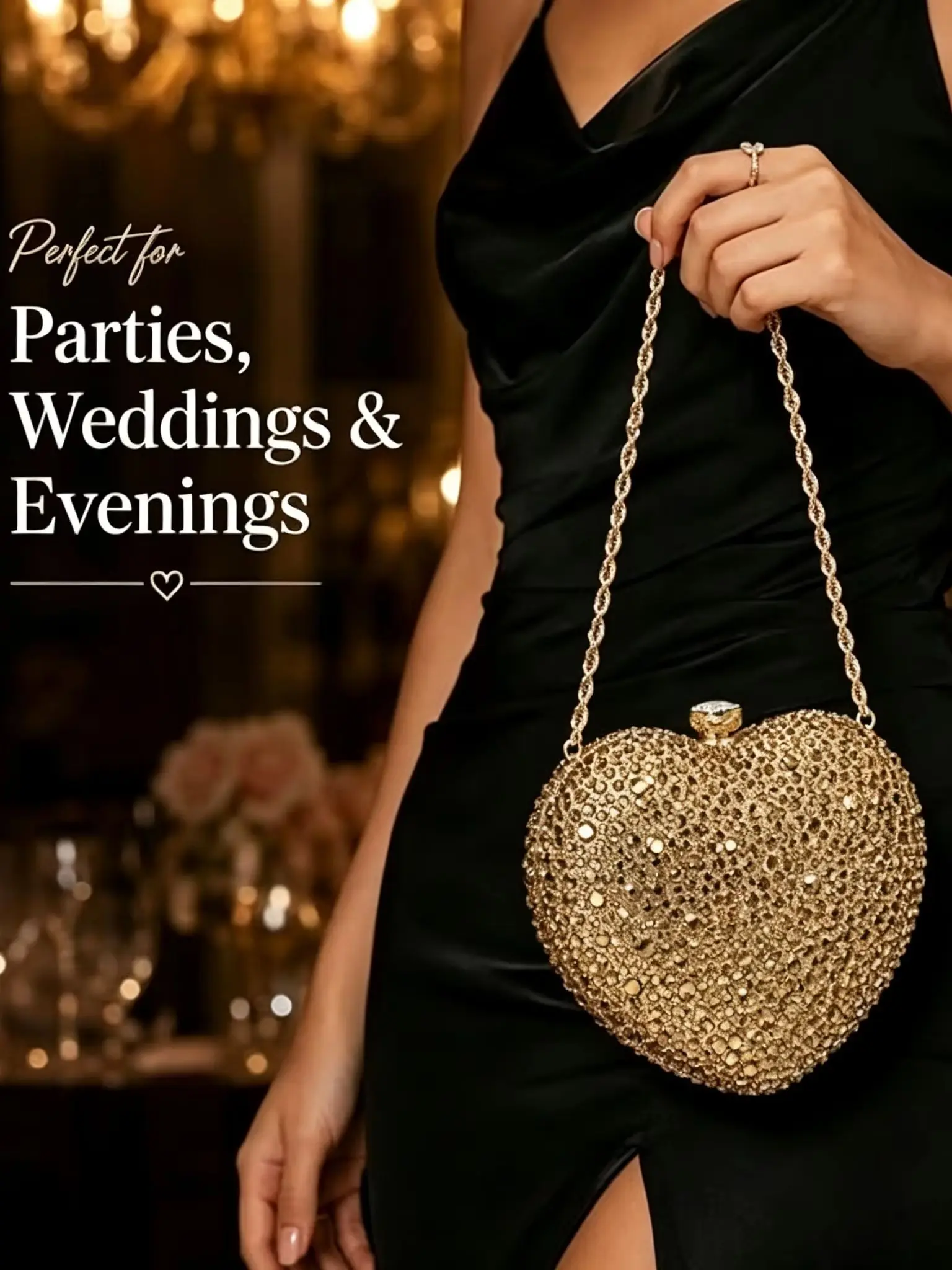 Women Golden Rhinestone Heart Evening Clutch Bag Detachable Chain Shoulder Crossbody Bag Luxury Wedding Bridal Purse Prom Party Cocktail Handbag