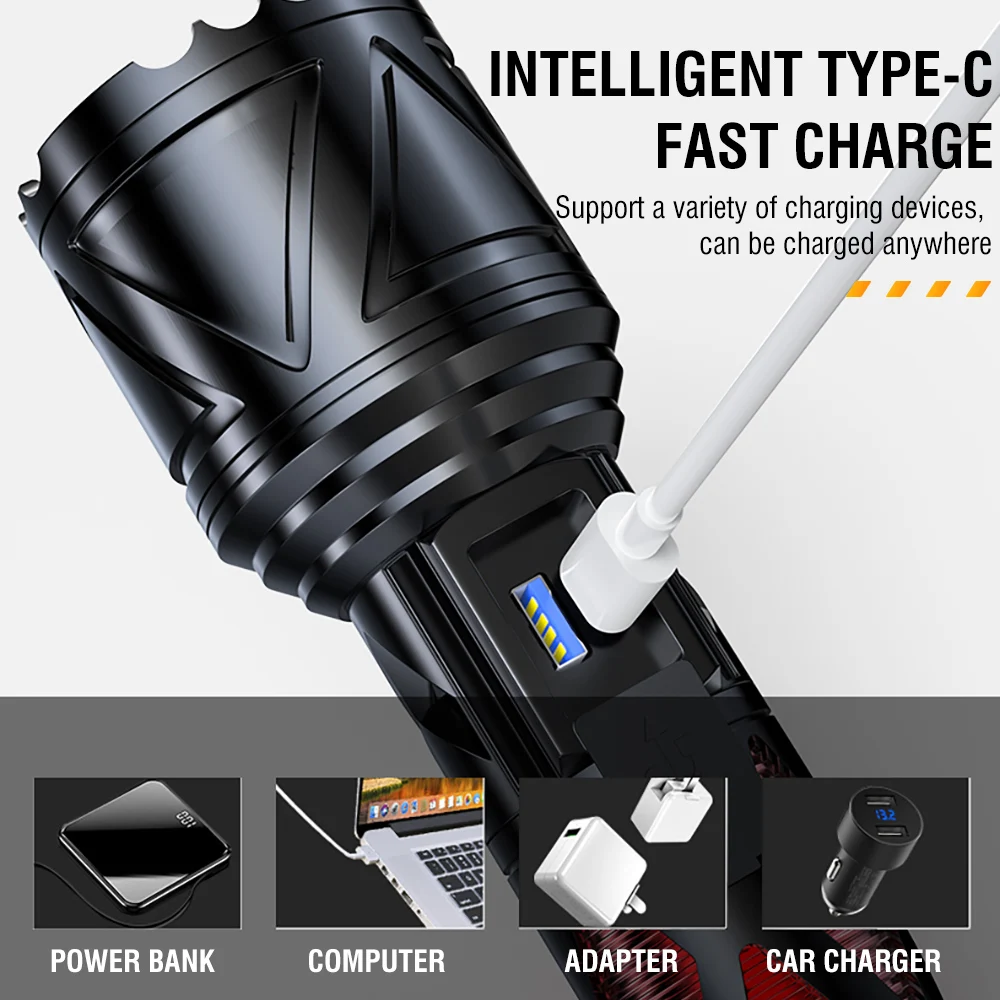 BORUiT 1000LM Long Range Zoomable LED Flashlight with 80DB Buzzer Type-C Rchargeable 26650 Battery Power Bank Torch Waterproof Home Emergency Camping Lantern