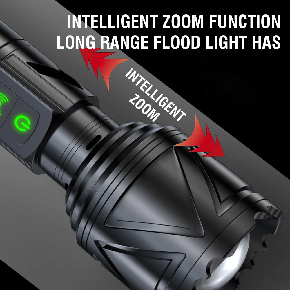 BORUiT 1000LM Long Range Zoomable LED Flashlight with 80DB Buzzer Type-C Rchargeable 26650 Battery Power Bank Torch Waterproof Home Emergency Camping Lantern