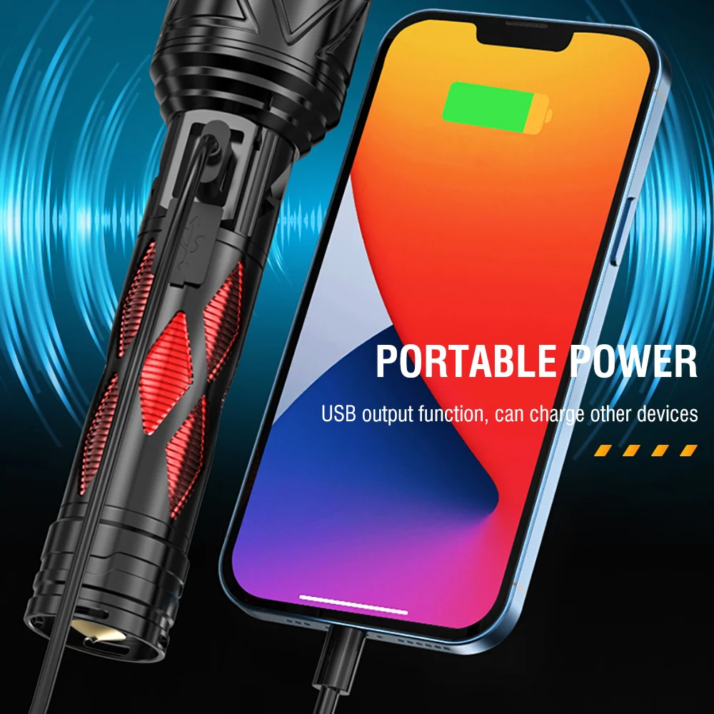 BORUiT 1000LM Long Range Zoomable LED Flashlight with 80DB Buzzer Type-C Rchargeable 26650 Battery Power Bank Torch Waterproof Home Emergency Camping Lantern