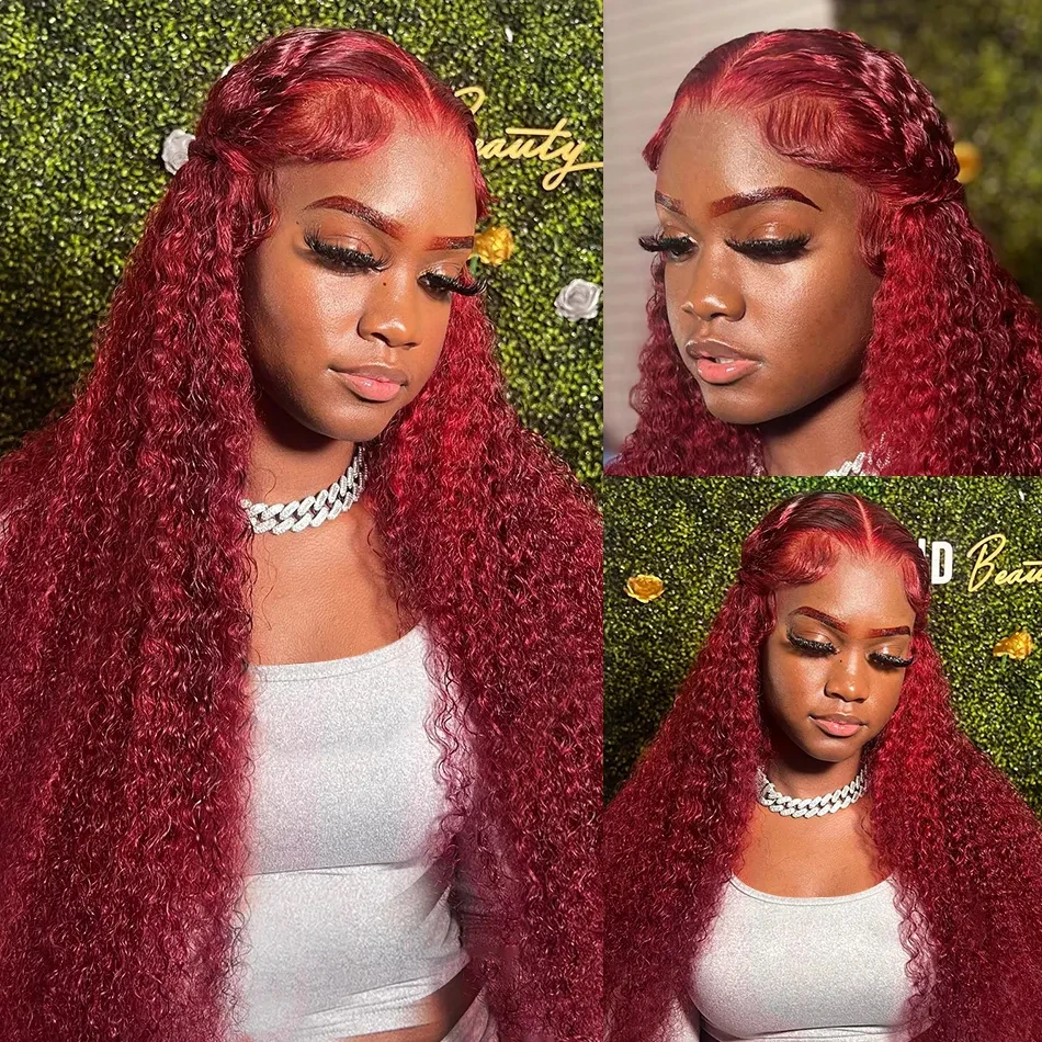 Water Wave 99J Burgundy 13x6 Lace Frontal Wig Human Hair 30 34Inch HD Lace Front Wigs Red Wine Curly Wigs PrePlucked 200 Density