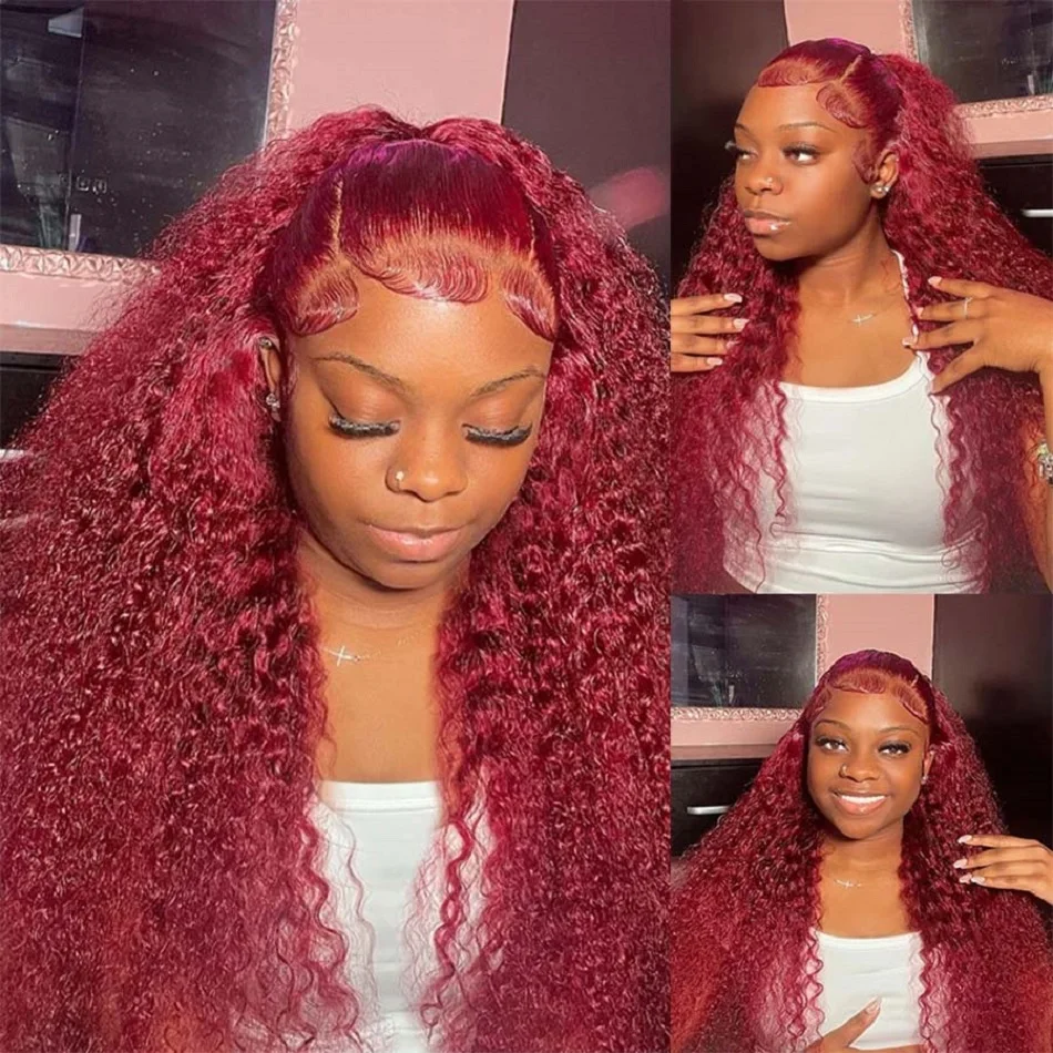 Water Wave 99J Burgundy 13x6 Lace Frontal Wig Human Hair 30 34Inch HD Lace Front Wigs Red Wine Curly Wigs PrePlucked 200 Density