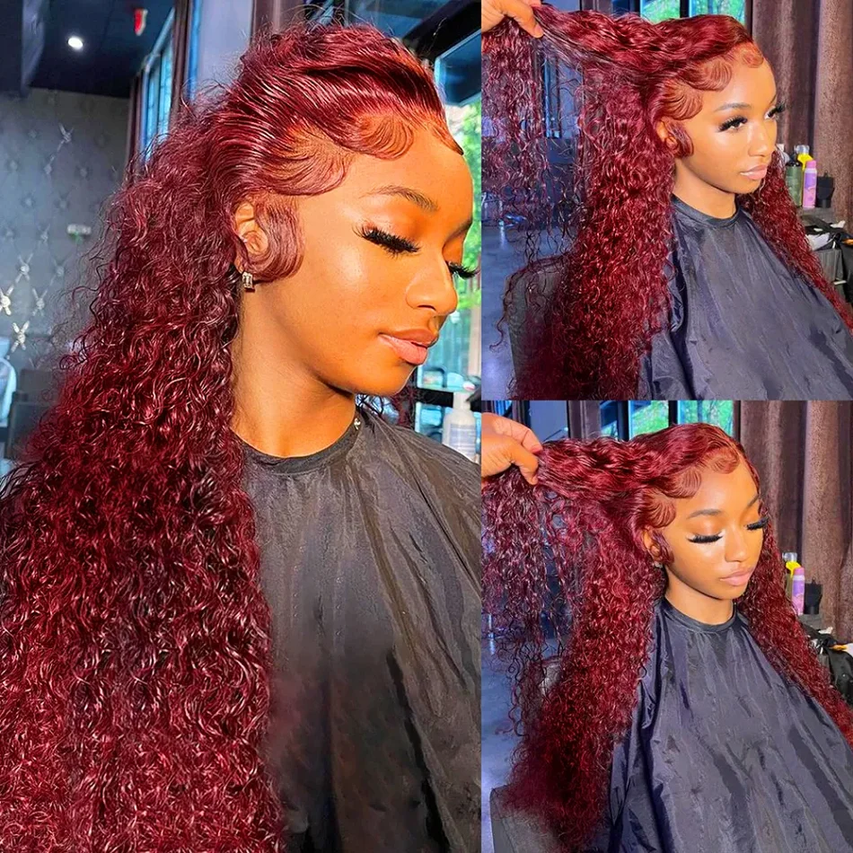 Water Wave 99J Burgundy 13x6 Lace Frontal Wig Human Hair 30 34Inch HD Lace Front Wigs Red Wine Curly Wigs PrePlucked 200 Density