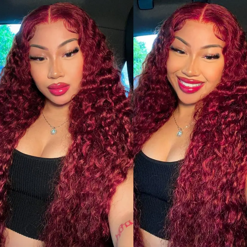 Water Wave 99J Burgundy 13x6 Lace Frontal Wig Human Hair 30 34Inch HD Lace Front Wigs Red Wine Curly Wigs PrePlucked 200 Density