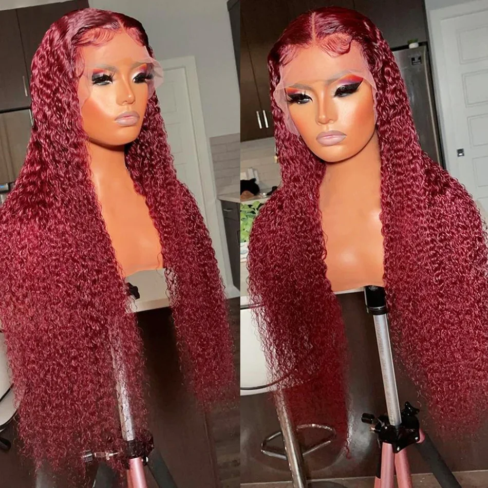 Water Wave 99J Burgundy 13x6 Lace Frontal Wig Human Hair 30 34Inch HD Lace Front Wigs Red Wine Curly Wigs PrePlucked 200 Density