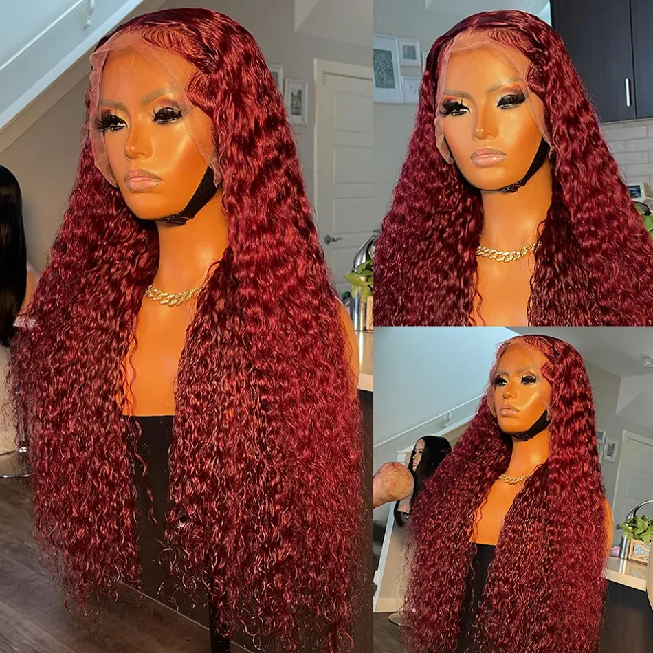Water Wave 99J Burgundy 13x6 Lace Frontal Wig Human Hair 30 34Inch HD Lace Front Wigs Red Wine Curly Wigs PrePlucked 200 Density