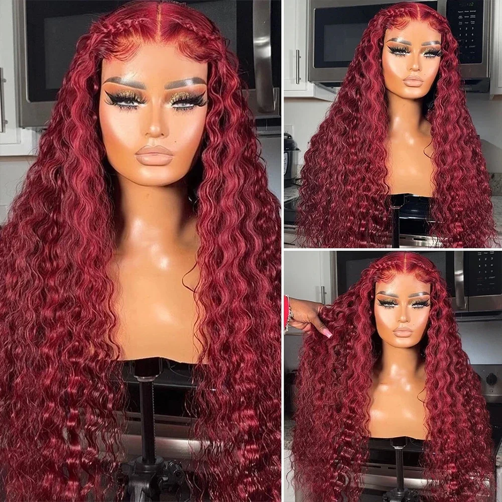 Water Wave 99J Burgundy 13x6 Lace Frontal Wig Human Hair 30 34Inch HD Lace Front Wigs Red Wine Curly Wigs PrePlucked 200 Density
