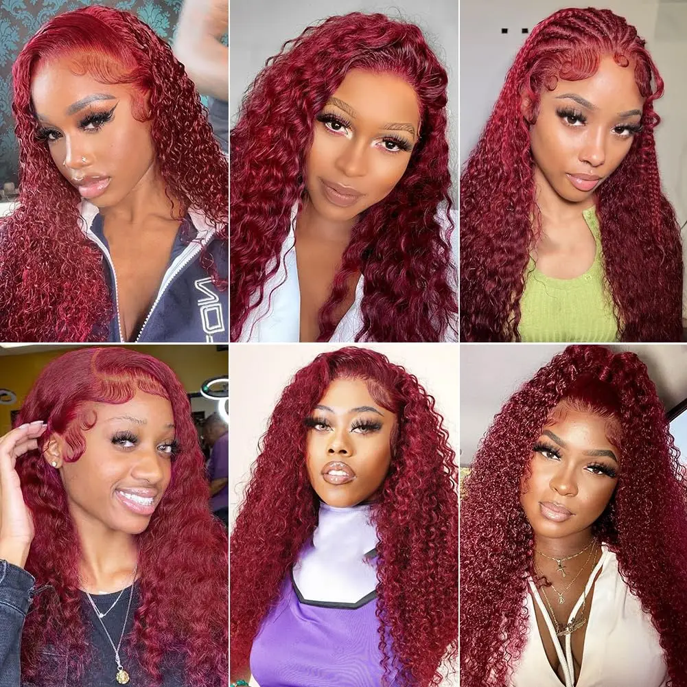 Water Wave 99J Burgundy 13x6 Lace Frontal Wig Human Hair 30 34Inch HD Lace Front Wigs Red Wine Curly Wigs PrePlucked 200 Density