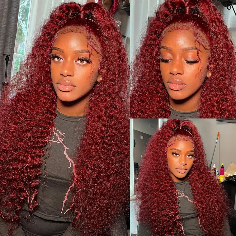 Water Wave 99J Burgundy 13x6 Lace Frontal Wig Human Hair 30 34Inch HD Lace Front Wigs Red Wine Curly Wigs PrePlucked 200 Density