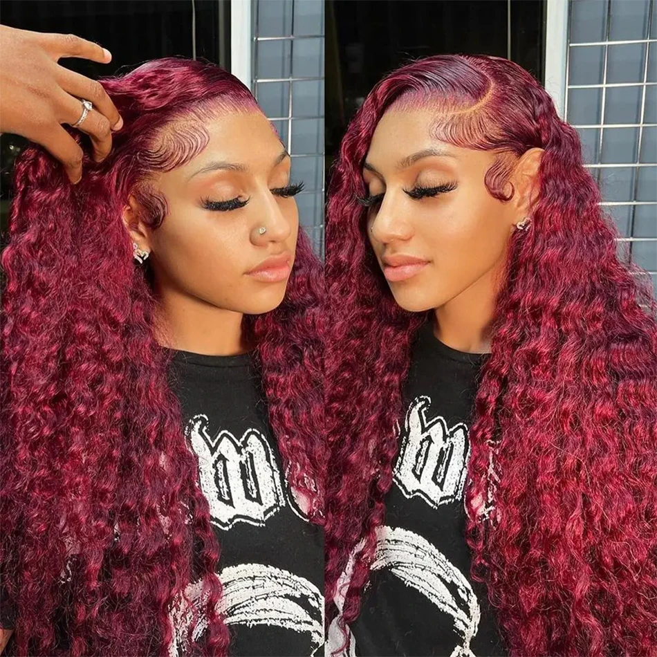 Water Wave 99J Burgundy 13x6 Lace Frontal Wig Human Hair 30 34Inch HD Lace Front Wigs Red Wine Curly Wigs PrePlucked 200 Density