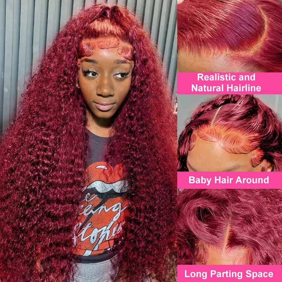 Water Wave 99J Burgundy 13x6 Lace Frontal Wig Human Hair 30 34Inch HD Lace Front Wigs Red Wine Curly Wigs PrePlucked 200 Density