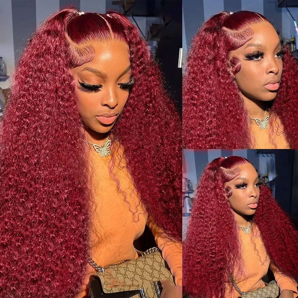 Water Wave 99J Burgundy 13x6 Lace Frontal Wig Human Hair 30 34Inch HD Lace Front Wigs Red Wine Curly Wigs PrePlucked 200 Density