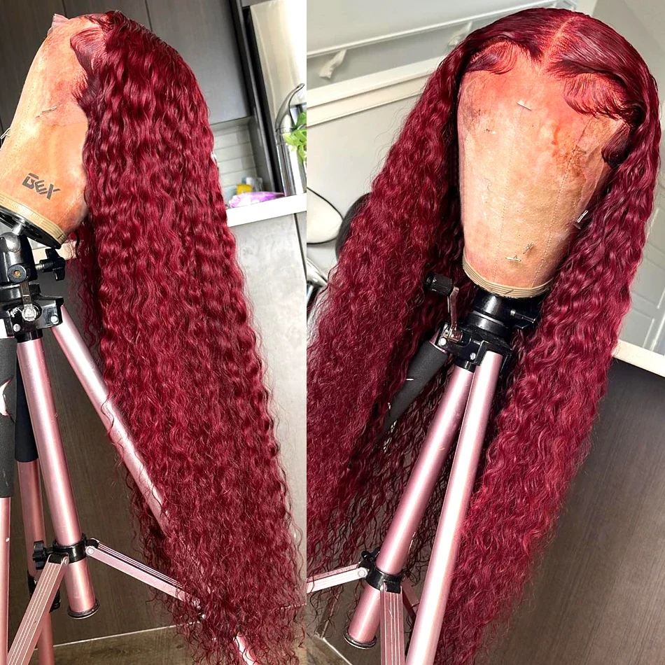 Water Wave 99J Burgundy 13x6 Lace Frontal Wig Human Hair 30 34Inch HD Lace Front Wigs Red Wine Curly Wigs PrePlucked 200 Density