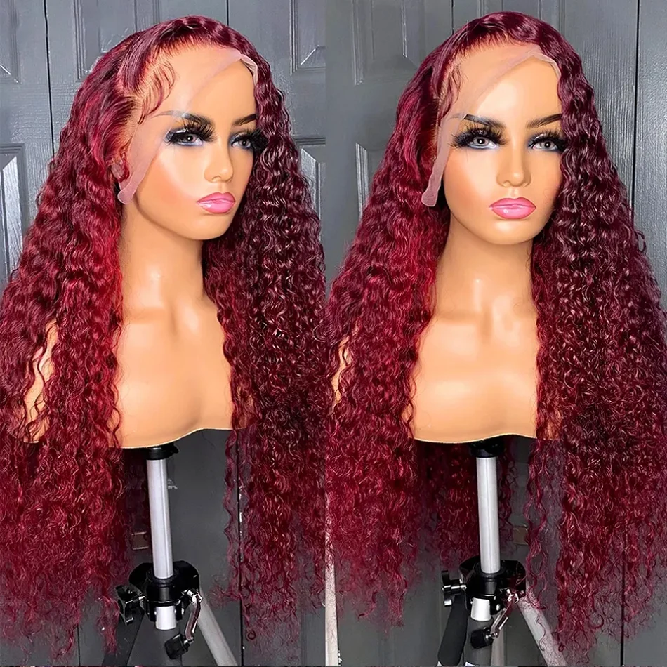 Water Wave 99J Burgundy 13x6 Lace Frontal Wig Human Hair 30 34Inch HD Lace Front Wigs Red Wine Curly Wigs PrePlucked 200 Density