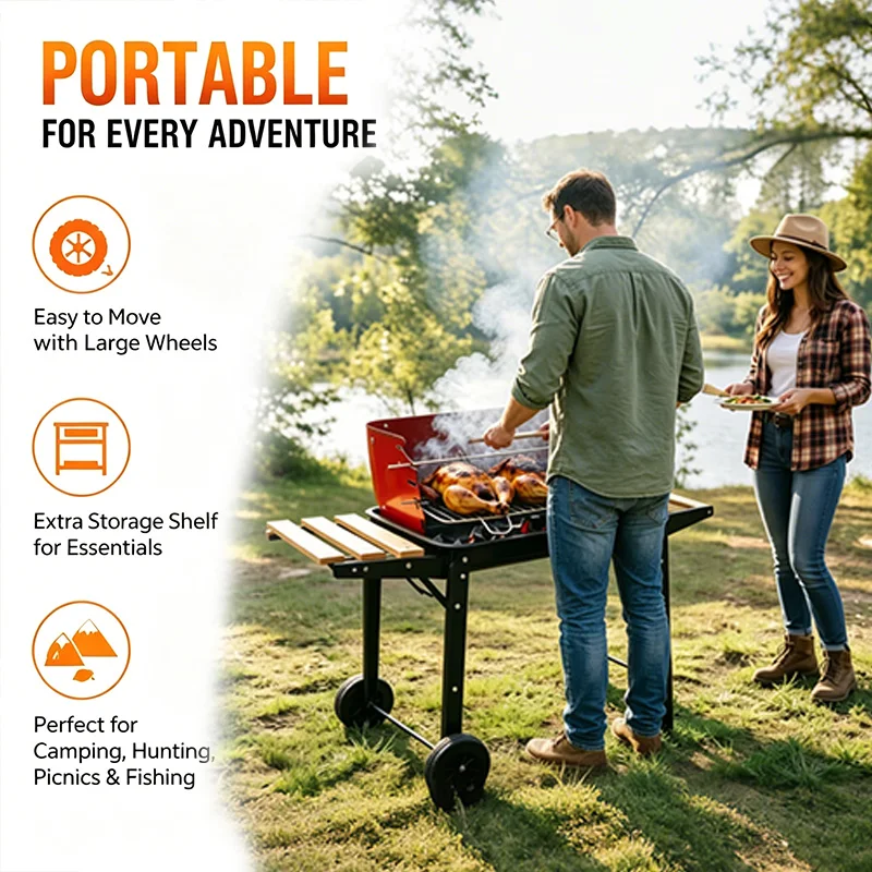 5-Speed Height-Adjustable, Temperature-Controlled, Cart-Style Charcoal Grill with Casters and Complete Set of Grilling Tools—Large-Capacity Outdoor Home Charcoal Grill for Grilling Fish and Chicken, Ideal for Large Gatherings—Portable, Mobile BBQ Grill
