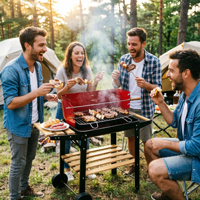 5-Speed Height-Adjustable, Temperature-Controlled, Cart-Style Charcoal Grill with Casters and Complete Set of Grilling Tools—Large-Capacity Outdoor Home Charcoal Grill for Grilling Fish and Chicken, Ideal for Large Gatherings—Portable, Mobile BBQ Grill