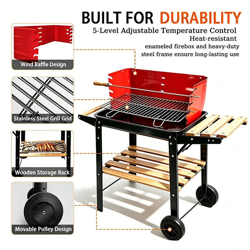 5-Speed Height-Adjustable, Temperature-Controlled, Cart-Style Charcoal Grill with Casters and Complete Set of Grilling Tools—Large-Capacity Outdoor Home Charcoal Grill for Grilling Fish and Chicken, Ideal for Large Gatherings—Portable, Mobile BBQ Grill