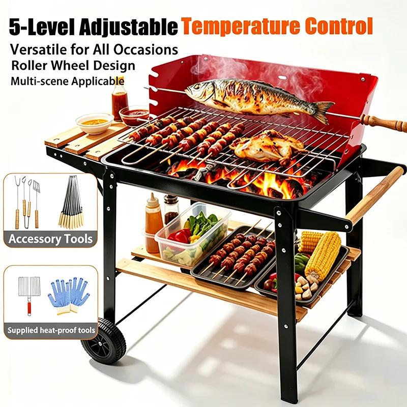 5-Speed Height-Adjustable, Temperature-Controlled, Cart-Style Charcoal Grill with Casters and Complete Set of Grilling Tools—Large-Capacity Outdoor Home Charcoal Grill for Grilling Fish and Chicken, Ideal for Large Gatherings—Portable, Mobile BBQ Grill