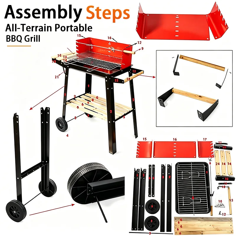 5-Speed Height-Adjustable, Temperature-Controlled, Cart-Style Charcoal Grill with Casters and Complete Set of Grilling Tools—Large-Capacity Outdoor Home Charcoal Grill for Grilling Fish and Chicken, Ideal for Large Gatherings—Portable, Mobile BBQ Grill