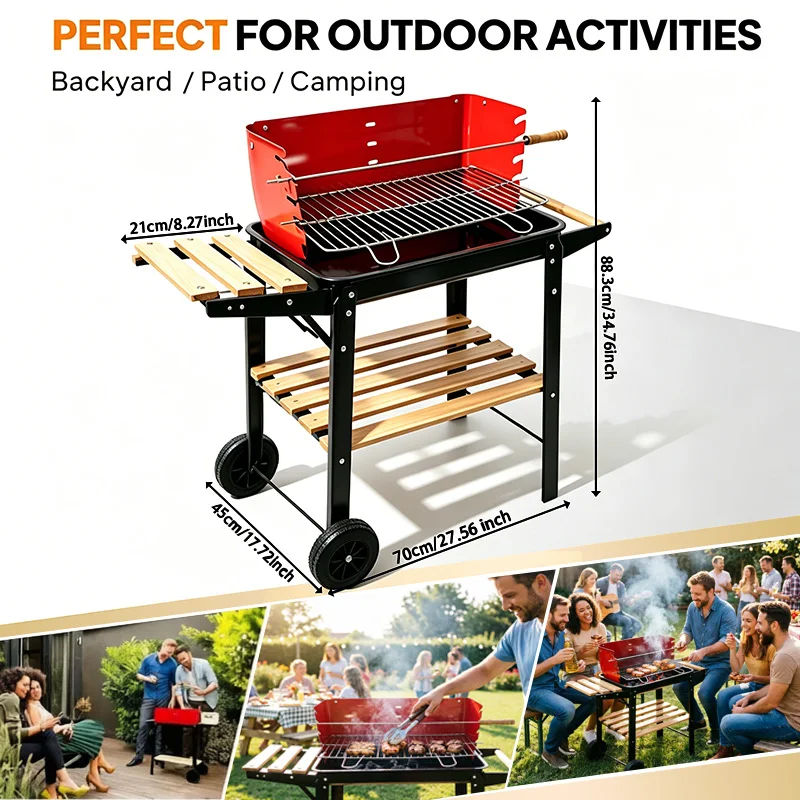 5-Speed Height-Adjustable, Temperature-Controlled, Cart-Style Charcoal Grill with Casters and Complete Set of Grilling Tools—Large-Capacity Outdoor Home Charcoal Grill for Grilling Fish and Chicken, Ideal for Large Gatherings—Portable, Mobile BBQ Grill