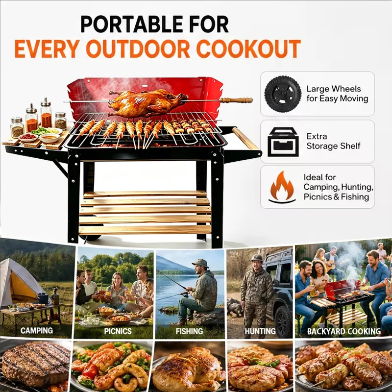 5-Speed Height-Adjustable, Temperature-Controlled, Cart-Style Charcoal Grill with Casters and Complete Set of Grilling Tools—Large-Capacity Outdoor Home Charcoal Grill for Grilling Fish and Chicken, Ideal for Large Gatherings—Portable, Mobile BBQ Grill