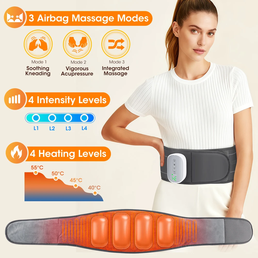 Cordless Heating Waist Belt with 3 Airbag Decompression 4 Heat Settings Adjustable Lumbar Support Massager for Lower Back